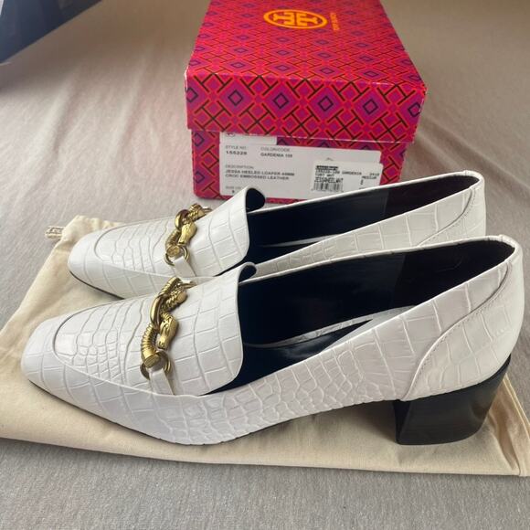 Tory Burch Jessa Heeled Loafer Croc Embossed Leather Loafer 8 Gardenia - Picture 5 of 13